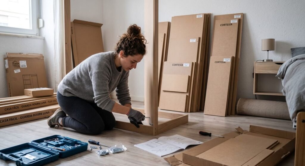 Mulher montando sozinha a estrutura de um guarda-roupa no chao do quarto