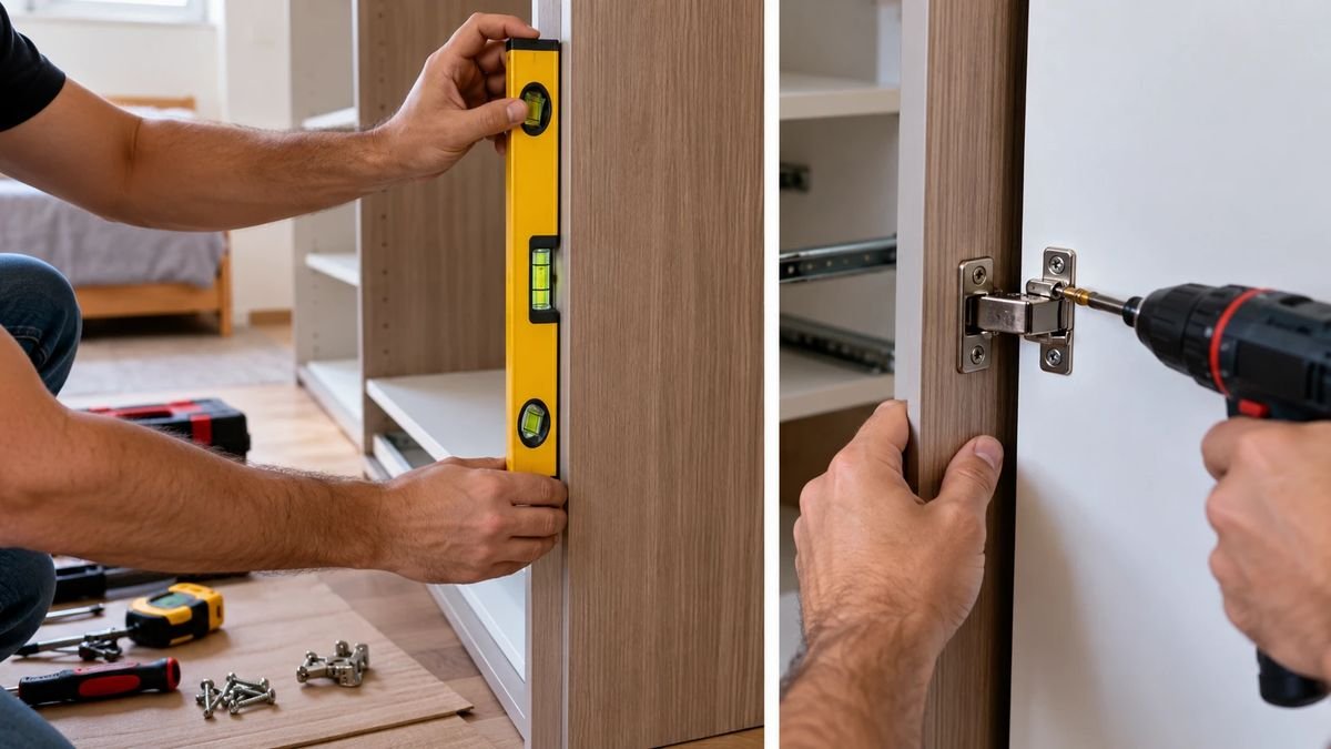 Nivel e furadeira sendo usados para nivelar e fixar dobradica durante a montagem do guarda-roupa