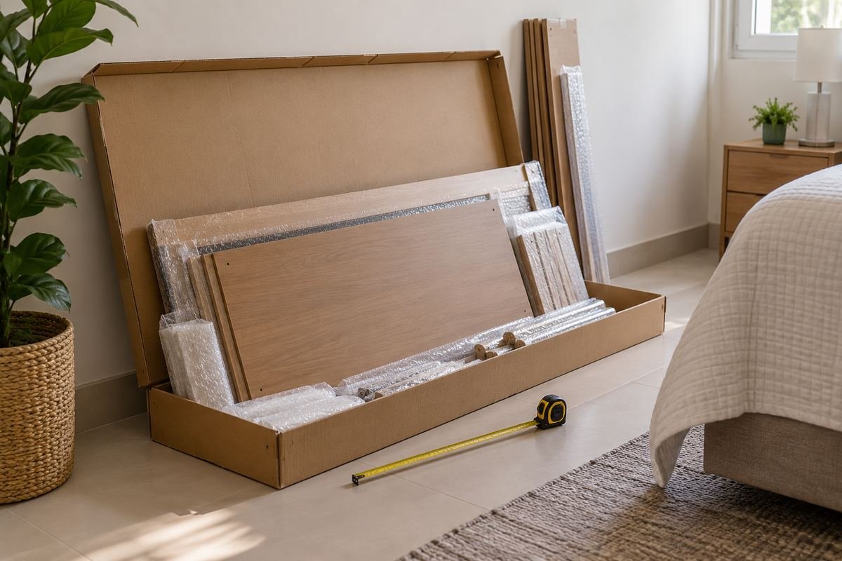 Caixa de guarda-roupa desmontado aberta no quarto, com peças de MDF embaladas e fita métrica ao lado