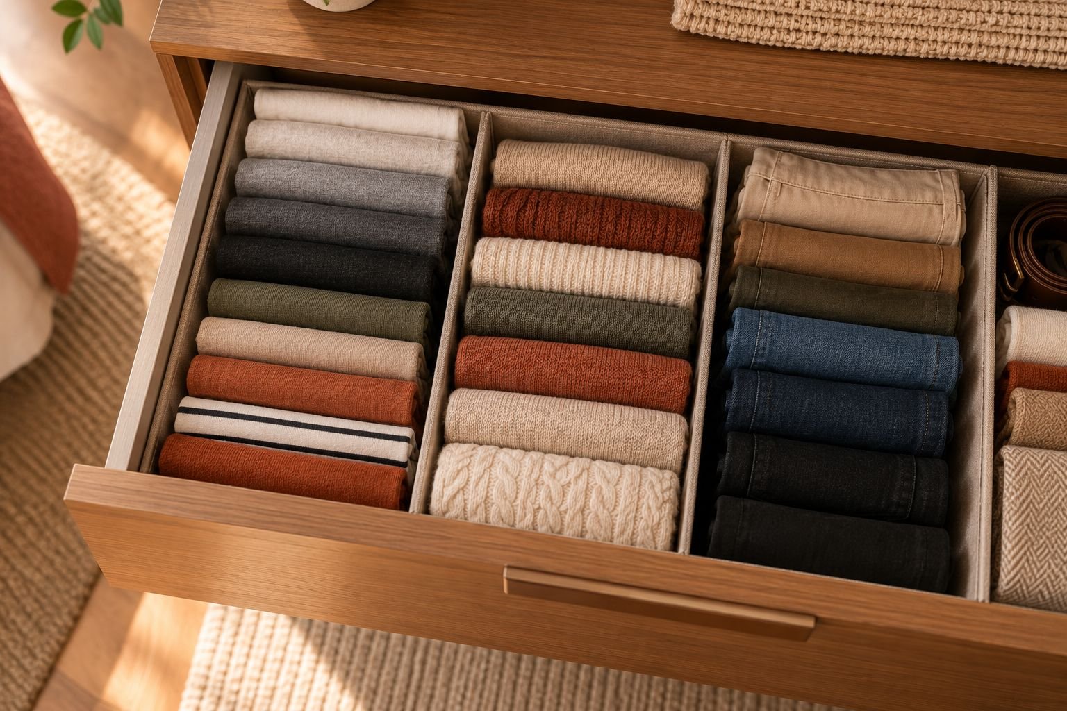 Gaveta de guarda-roupa com roupas dobradas na vertical, estilo KonMari, organizadas por cor