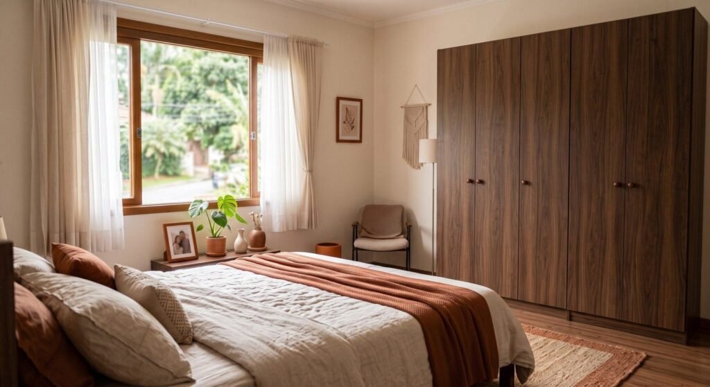 Guarda-roupa casal 6 portas de madeira em quarto amplo com luz natural