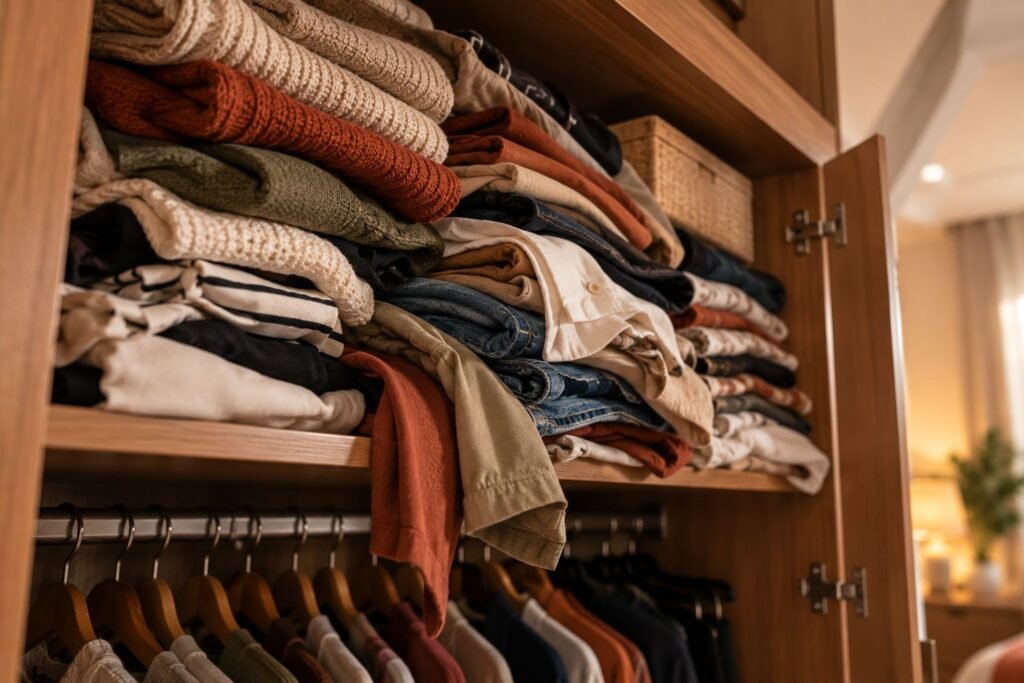 Prateleira de guarda-roupa com roupas empilhadas de forma desorganizada, prestes a cair
