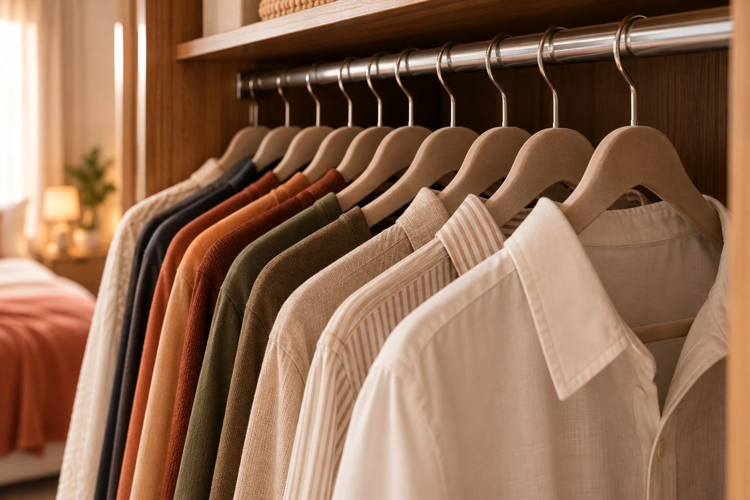 Cabides de veludo finos organizados lado a lado dentro do guarda-roupa