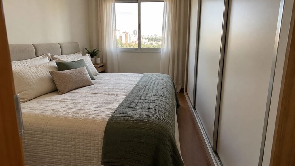 Quarto de casal pequeno com guarda-roupa de porta de correr e cama encostada na parede