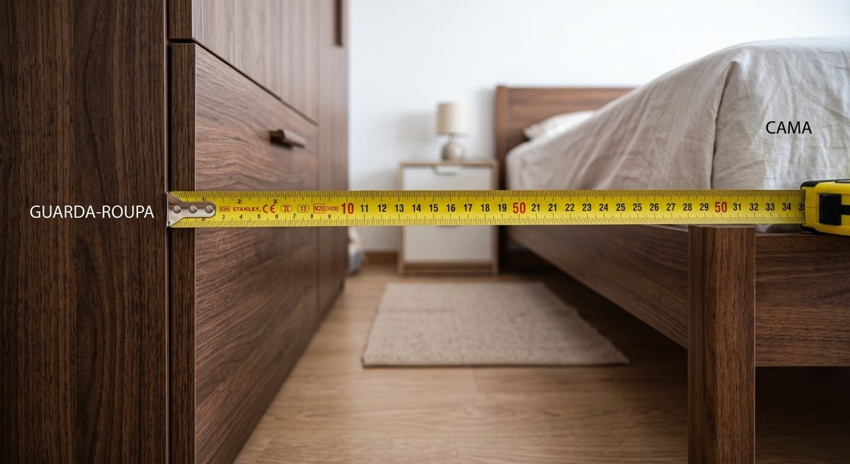 Fita metrica medindo o espaco de circulacao entre a cama e o guarda-roupa de casal