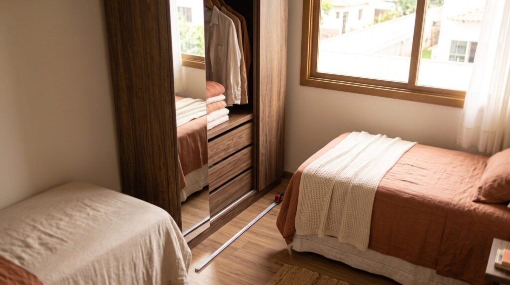 Guarda-roupa compacto encaixado entre duas camas em quarto pequeno com trena no chão