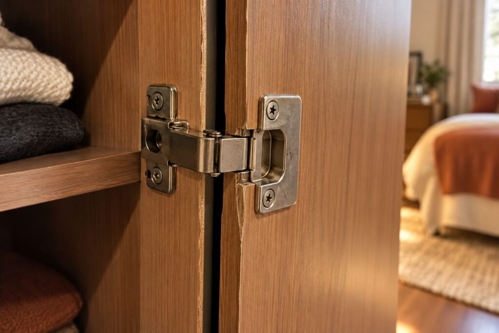 Dobradiça de guarda-roupa desalinhada com fenda visível entre as portas