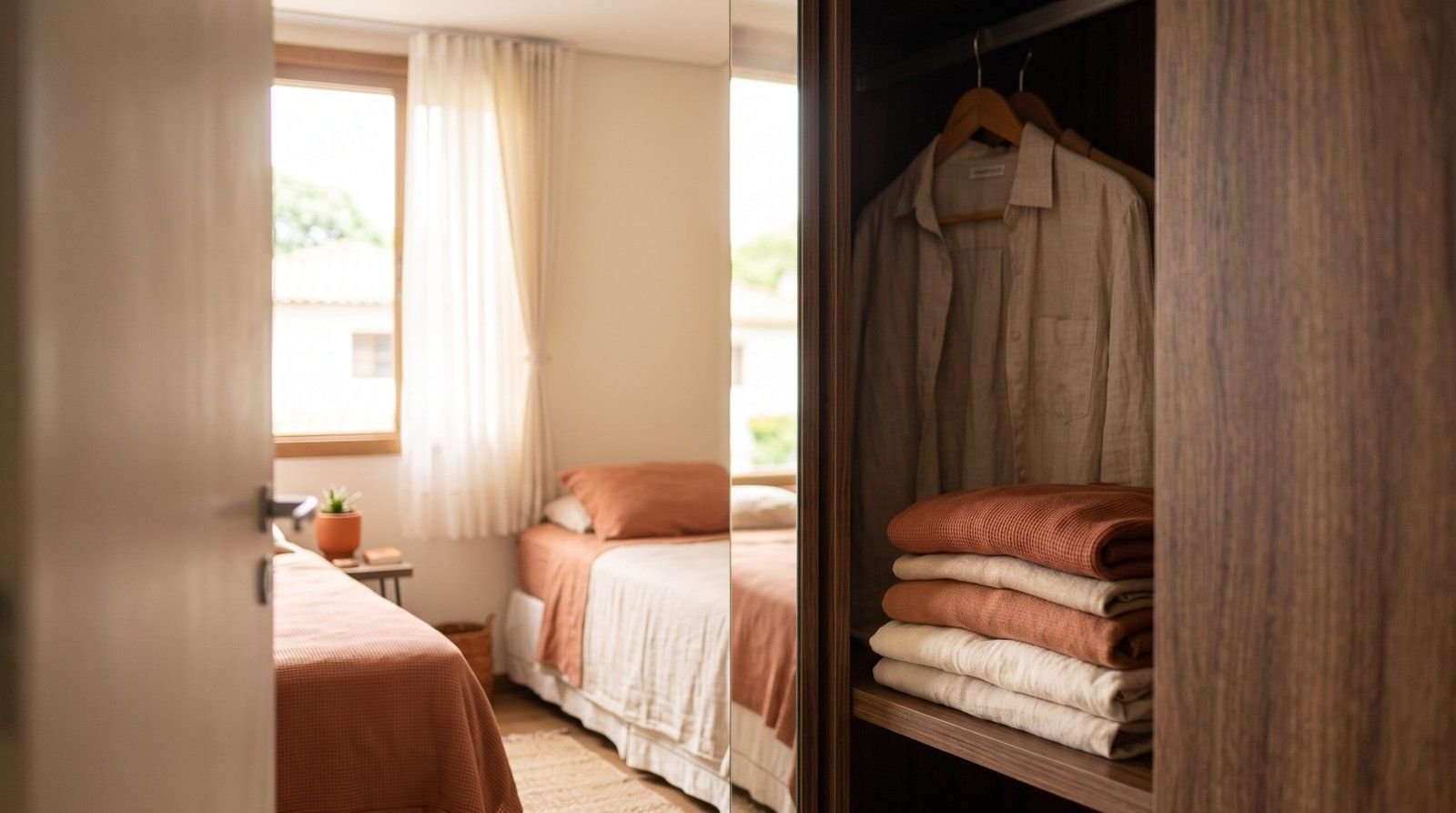 Porta espelhada de guarda-roupa entreaberta refletindo o quarto com roupas dobradas