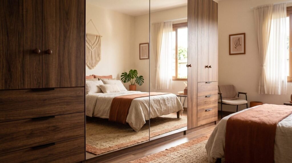 Guarda-roupa com porta espelhada refletindo cama de casal arrumada