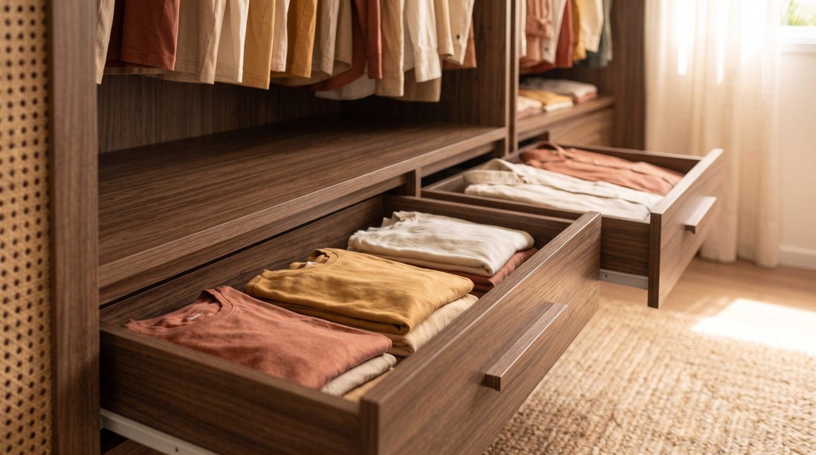 Gavetas de guarda-roupa abertas mostrando roupas dobradas organizadas dentro
