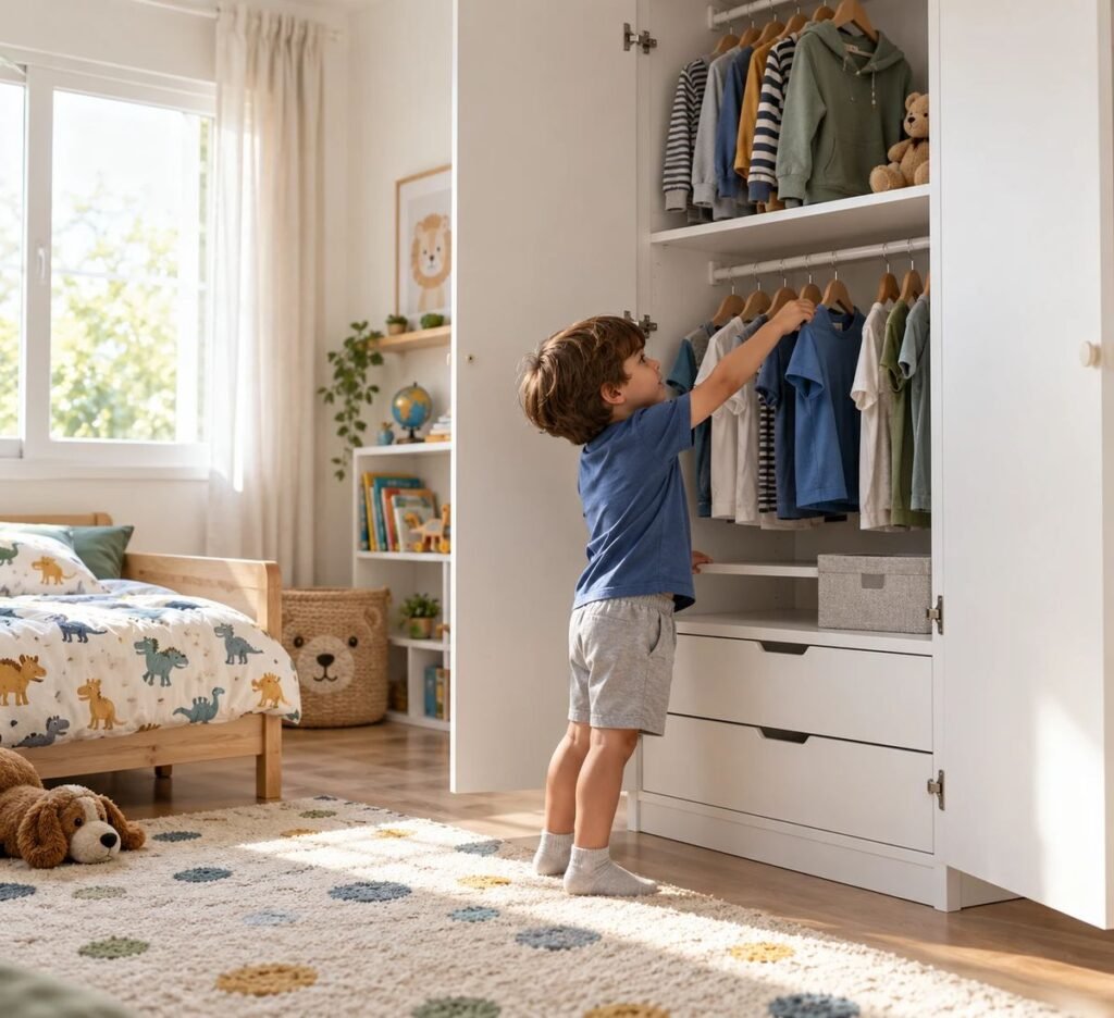 Criança pequena pegando uma camiseta no cabideiro de um guarda-roupa infantil branco