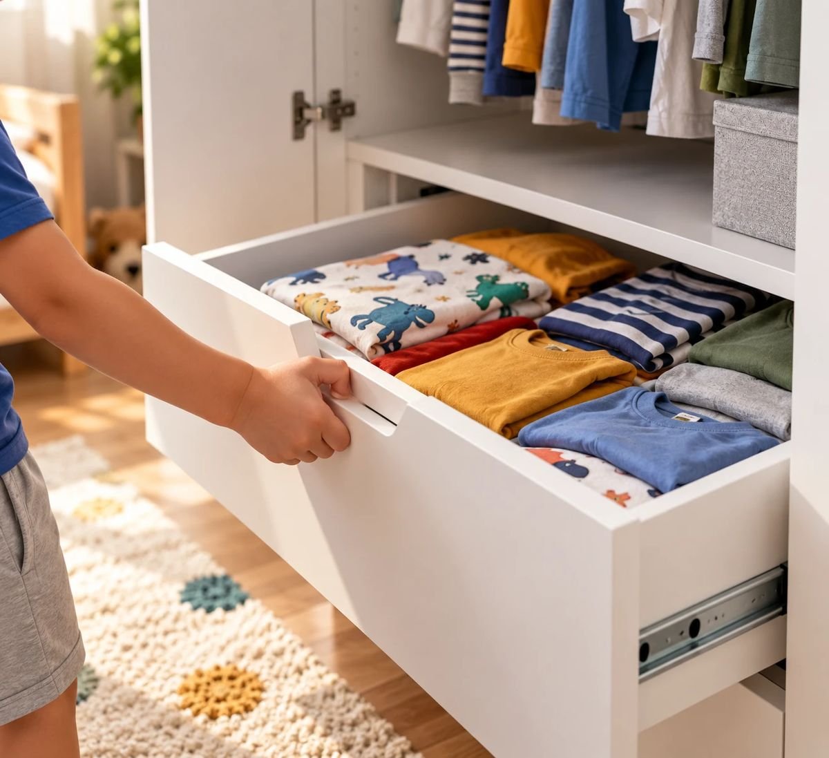 Mão de criança puxando gaveta baixa de guarda-roupa infantil com roupas dobradas
