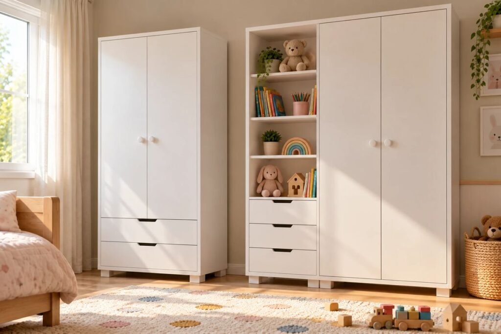 Dois guarda-roupas infantis brancos lado a lado, um simples de 2 portas e outro modular com prateleiras e gavetas