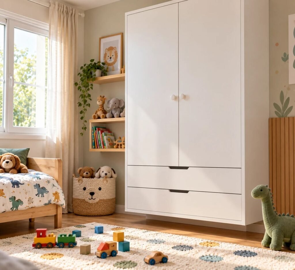 Quarto infantil com guarda-roupa branco de 2 portas e 2 gavetas, cama de madeira e brinquedos