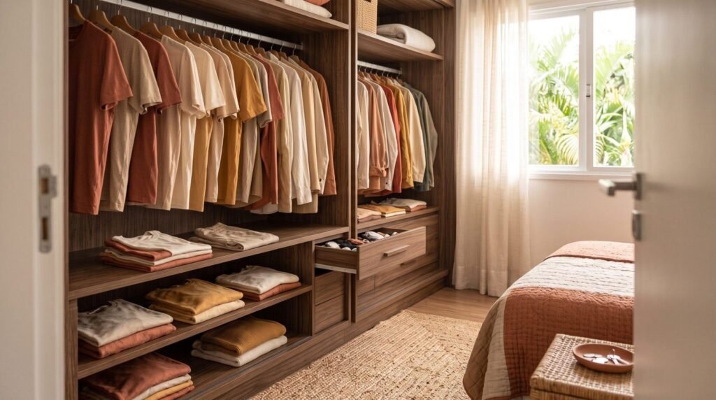 Guarda-roupa aberto organizado por cores, com roupas penduradas e dobradas em prateleiras