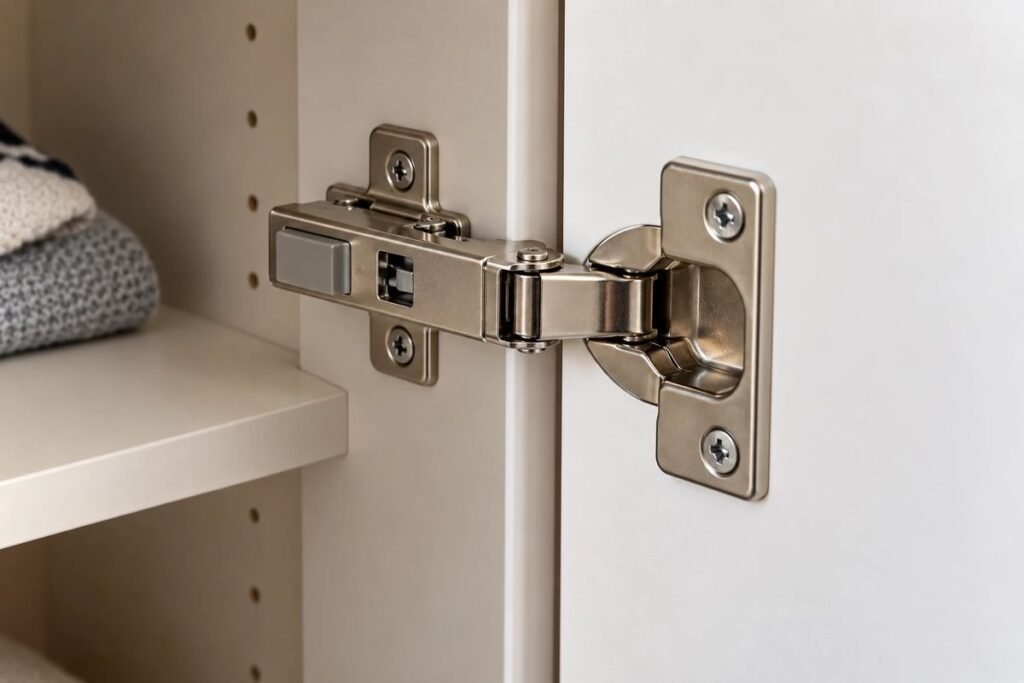 Close-up de dobradiça com amortecedor em porta de guarda-roupa planejado