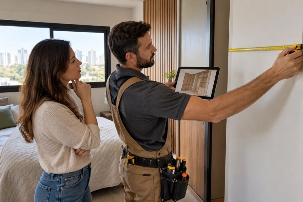Marceneiro medindo a parede do quarto com trena enquanto mostra o projeto 3D em um tablet para a cliente