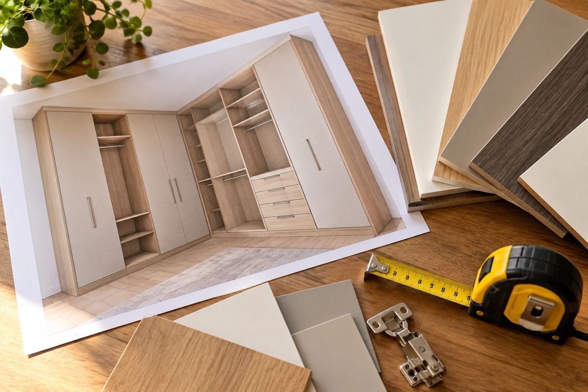 Projeto impresso de guarda-roupa planejado sobre a mesa com amostras de MDF, trena e dobradiça