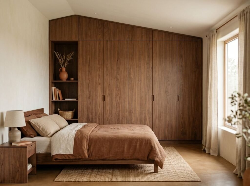 Quarto com guarda-roupa planejado em madeira embutido sob teto inclinado, aproveitando espaço irregular