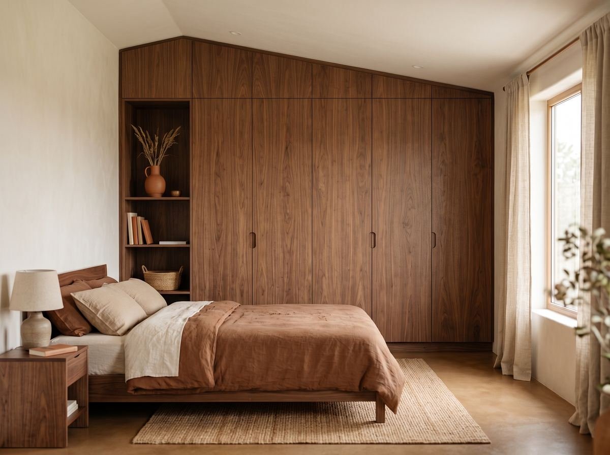 Guarda-roupa planejado em madeira ocupando parede irregular do quarto até o teto