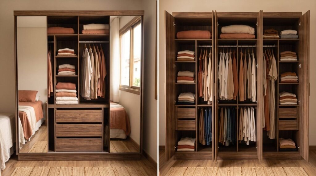 Comparação lado a lado entre guarda-roupa de porta de correr com espelho e guarda-roupa de porta de abrir