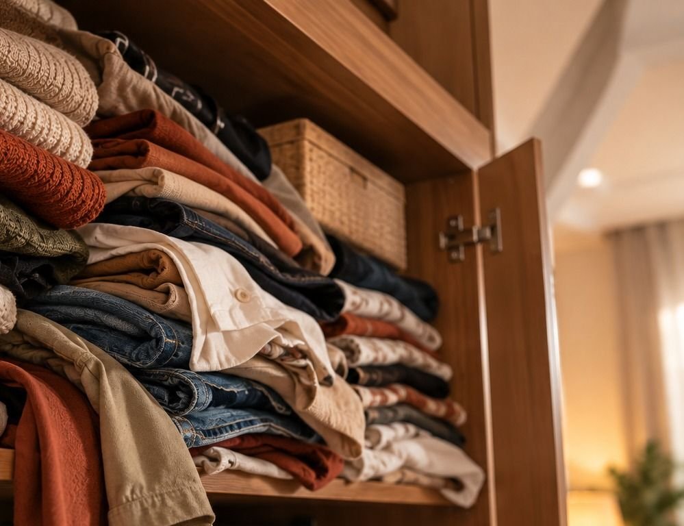 Detalhe de prateleira de guarda-roupa lotada com roupas amontoadas sem organização