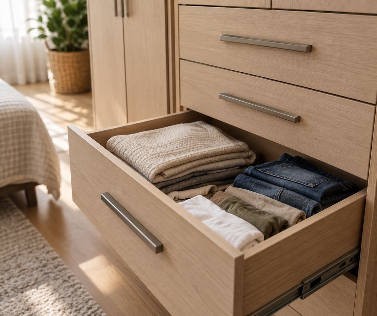 Gaveta aberta de guarda-roupa mostrando roupas dobradas organizadas dentro