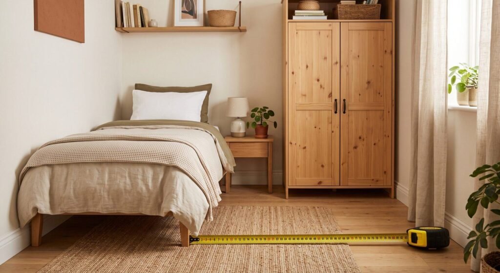 Quarto pequeno com guarda-roupa solteiro de 2 portas e fita métrica estendida no chão medindo o espaço até a cama