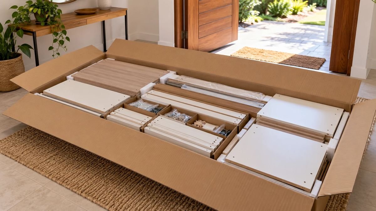 Caixa de guarda-roupa desmontado aberta na entrada de casa mostrando as pecas de MDF