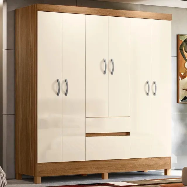 Guarda-roupa de 6 portas e 2 gavetas em amêndoa e off white