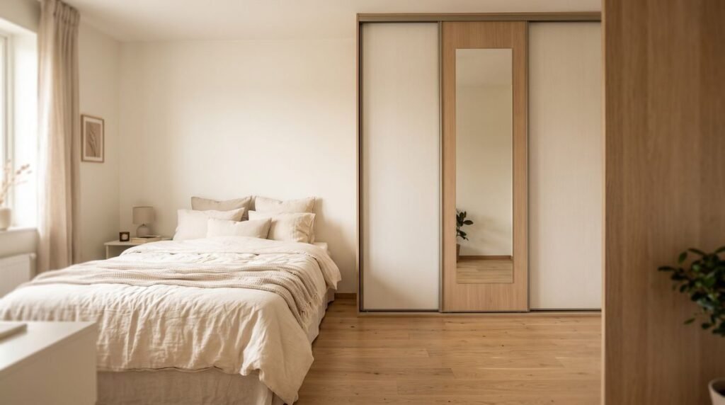 Quarto de casal pequeno com guarda-roupa de portas de correr e espelho central ao lado da cama