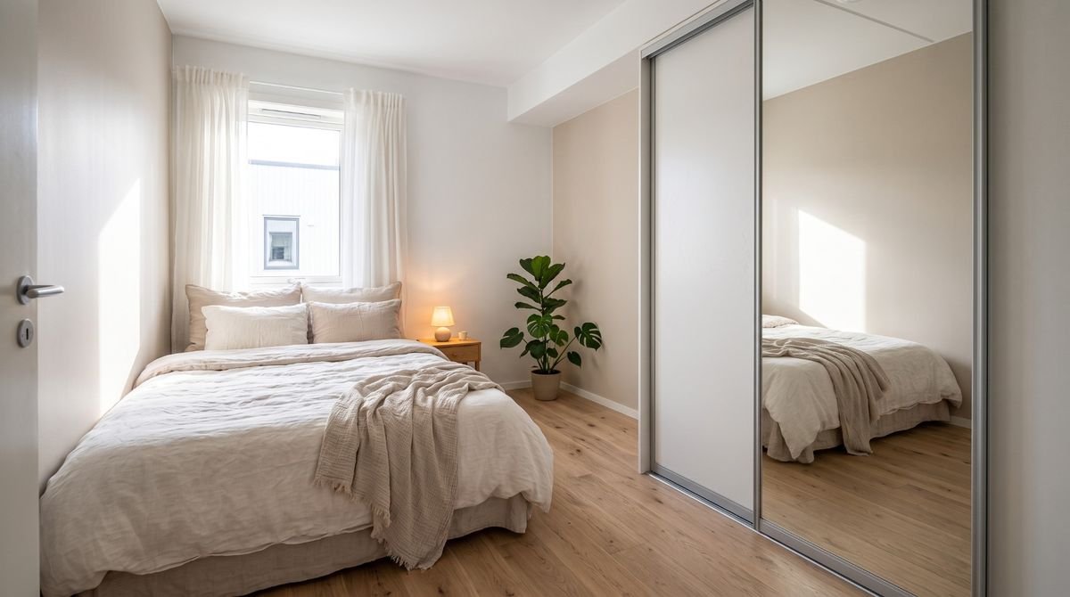 Porta espelhada de guarda-roupa refletindo a janela e a cama e ampliando um quarto pequeno