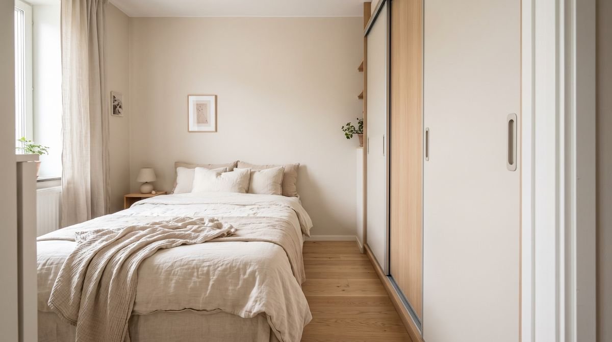 Quarto estreito com guarda-roupa de portas de correr e espaço livre de circulação ao lado da cama de casal