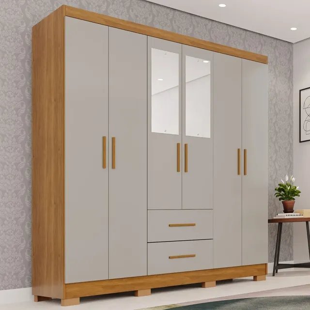 Guarda-roupa de casal de 6 portas com duas portas espelhadas e duas gavetas em cinamomo e off white
