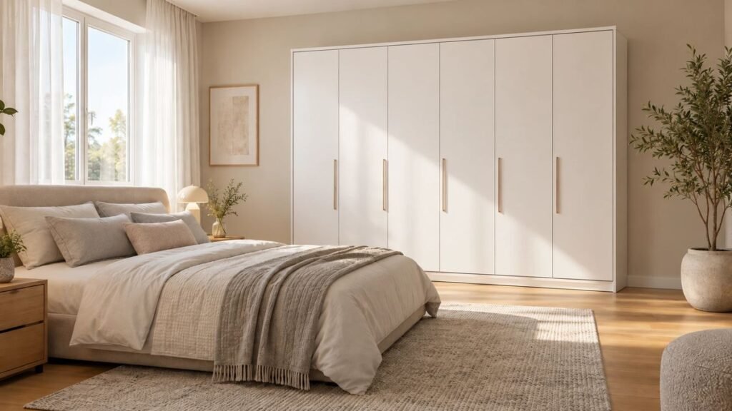Quarto de casal claro com guarda-roupa branco de seis portas lisas e puxadores finos