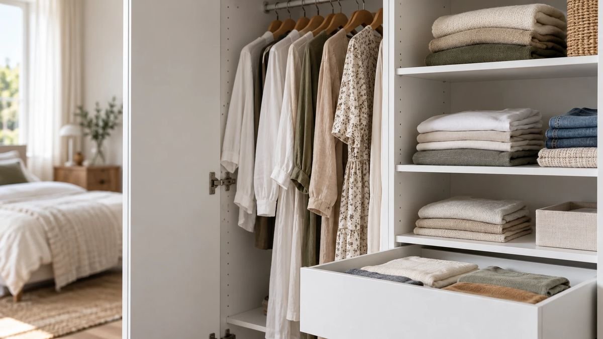Interior de guarda-roupa branco organizado com cabideiro, prateleiras e gaveta com roupas dobradas