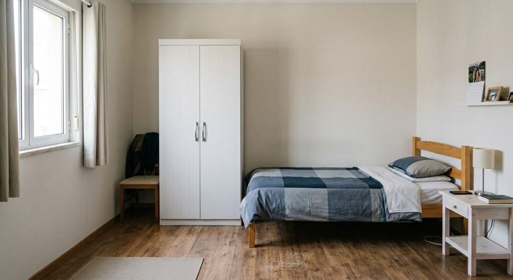 Quarto simples com guarda-roupa branco basico de duas portas e cama de solteiro