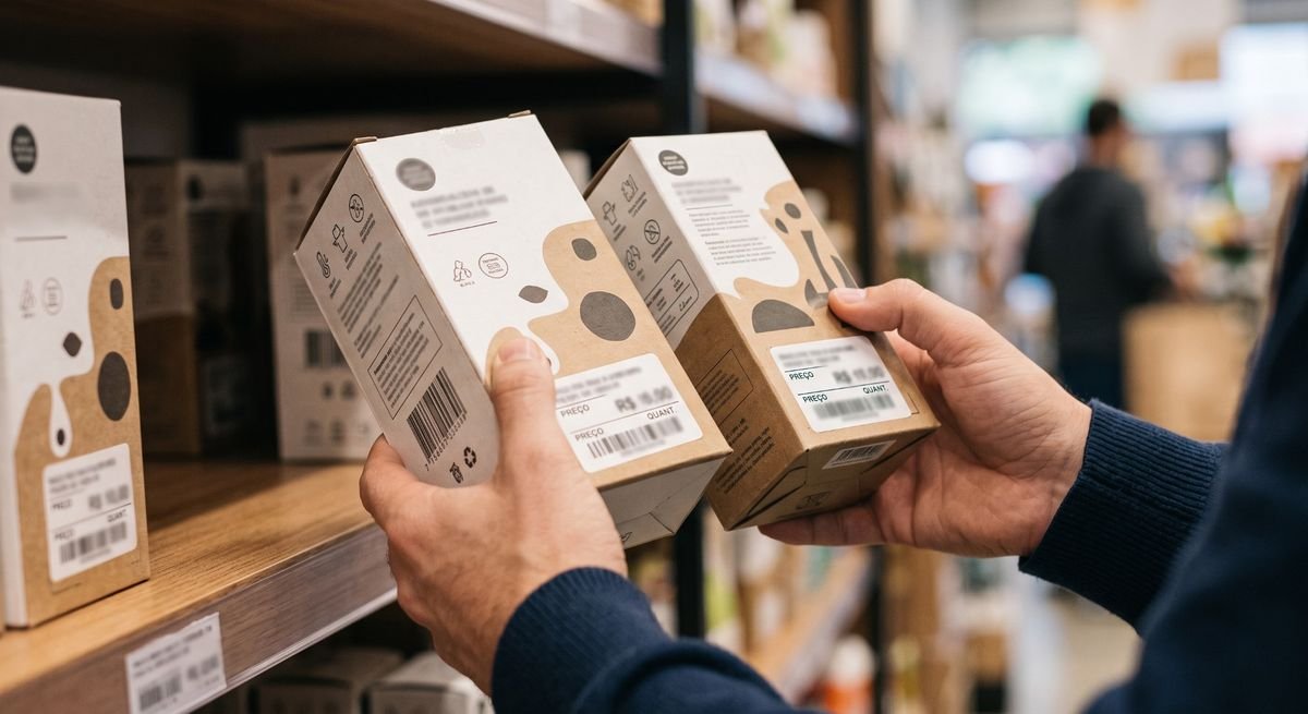 Maos comparando etiquetas de preco em duas caixas de produto diferentes