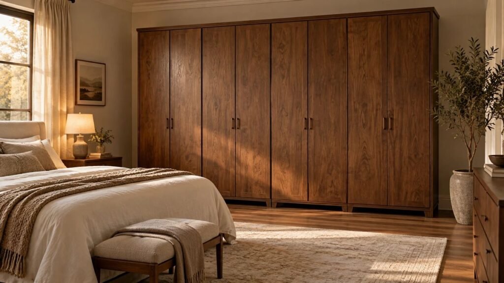 Quarto de casal aconchegante com guarda-roupa marrom amadeirado de oito portas