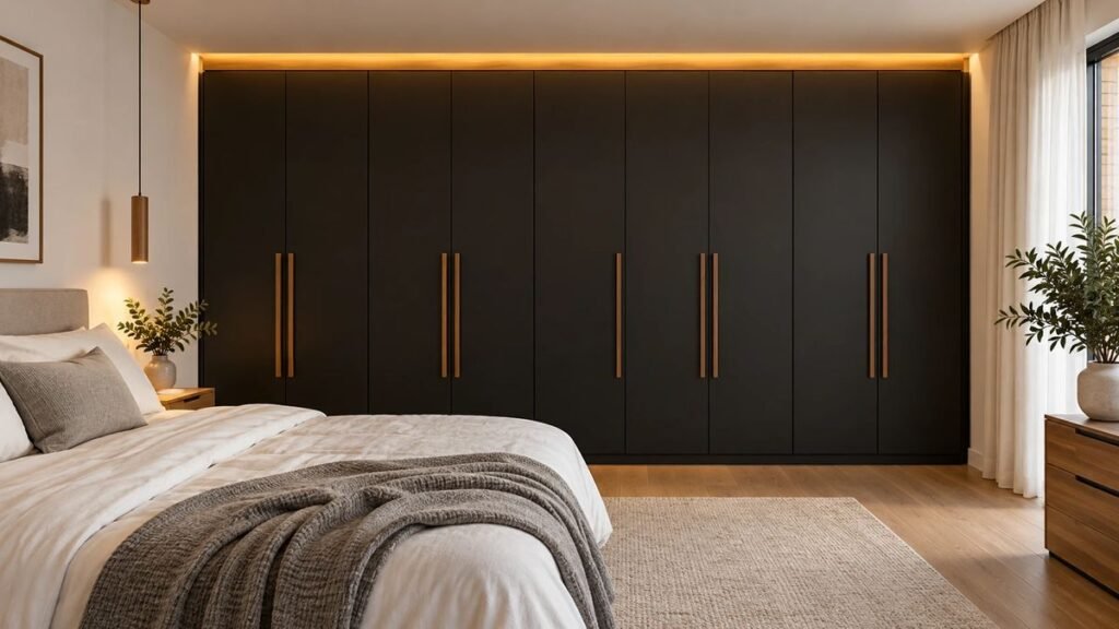 Quarto de casal moderno com guarda-roupa preto fosco de oito portas e puxadores de madeira